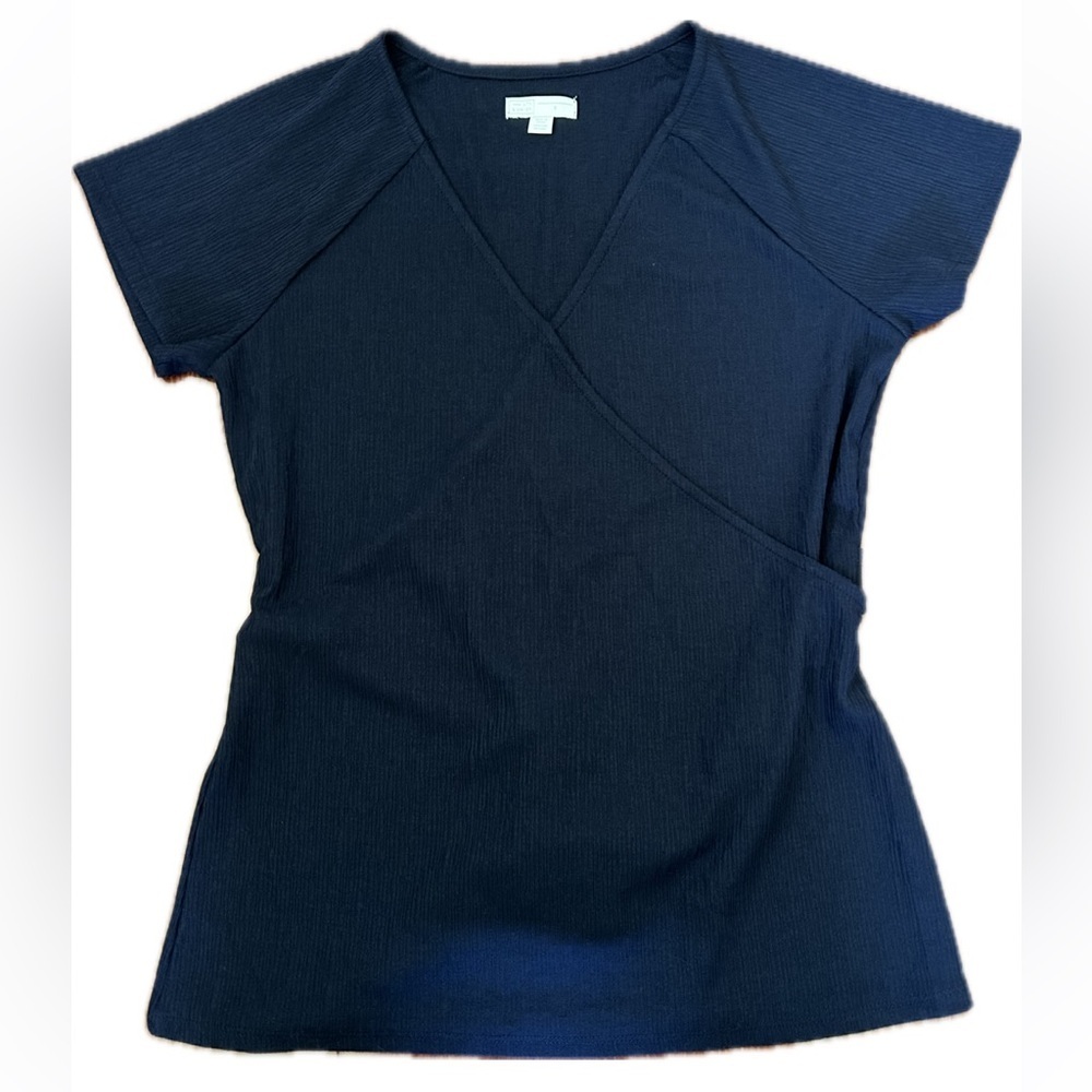 14th & Union Womens Blouse Navy Blue V Neck Waist Tie Short Sleeve Size S - Picture 2 of 4